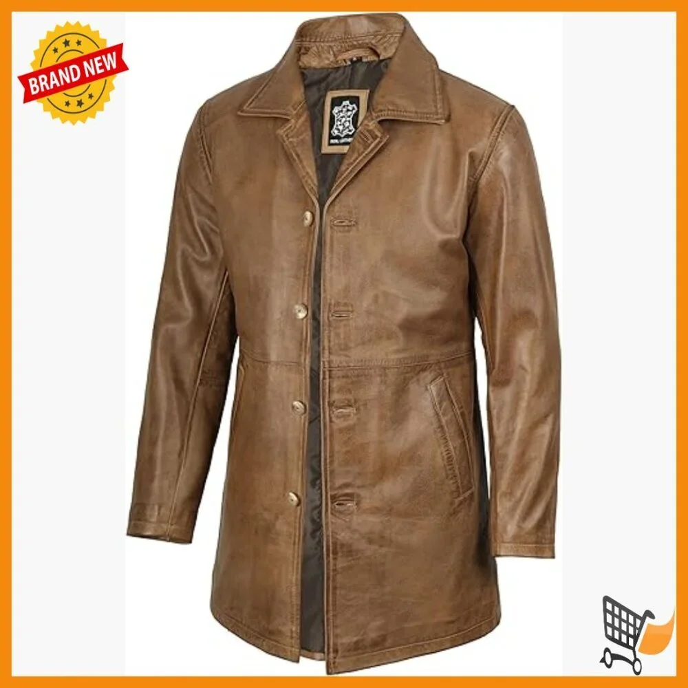 Men's Lambskin Leather Car Coat Trench Style Button Closure Lined